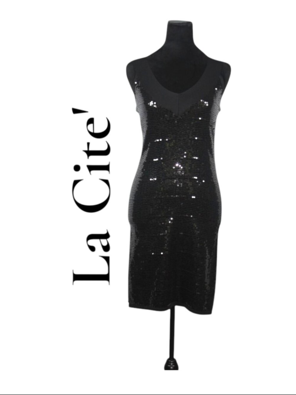 La Cite Black Sequins Sleeveless V-Neck Dress Size Large
